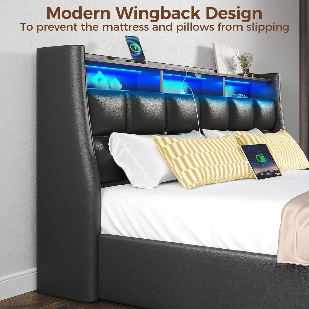 Rolanstar Full Size Bed Frame with LED Lights and Charging Station, PU Leather Bed Storage Headboard & Drawers, Heavy Duty Wood Slats, Easy Assembly, Black
