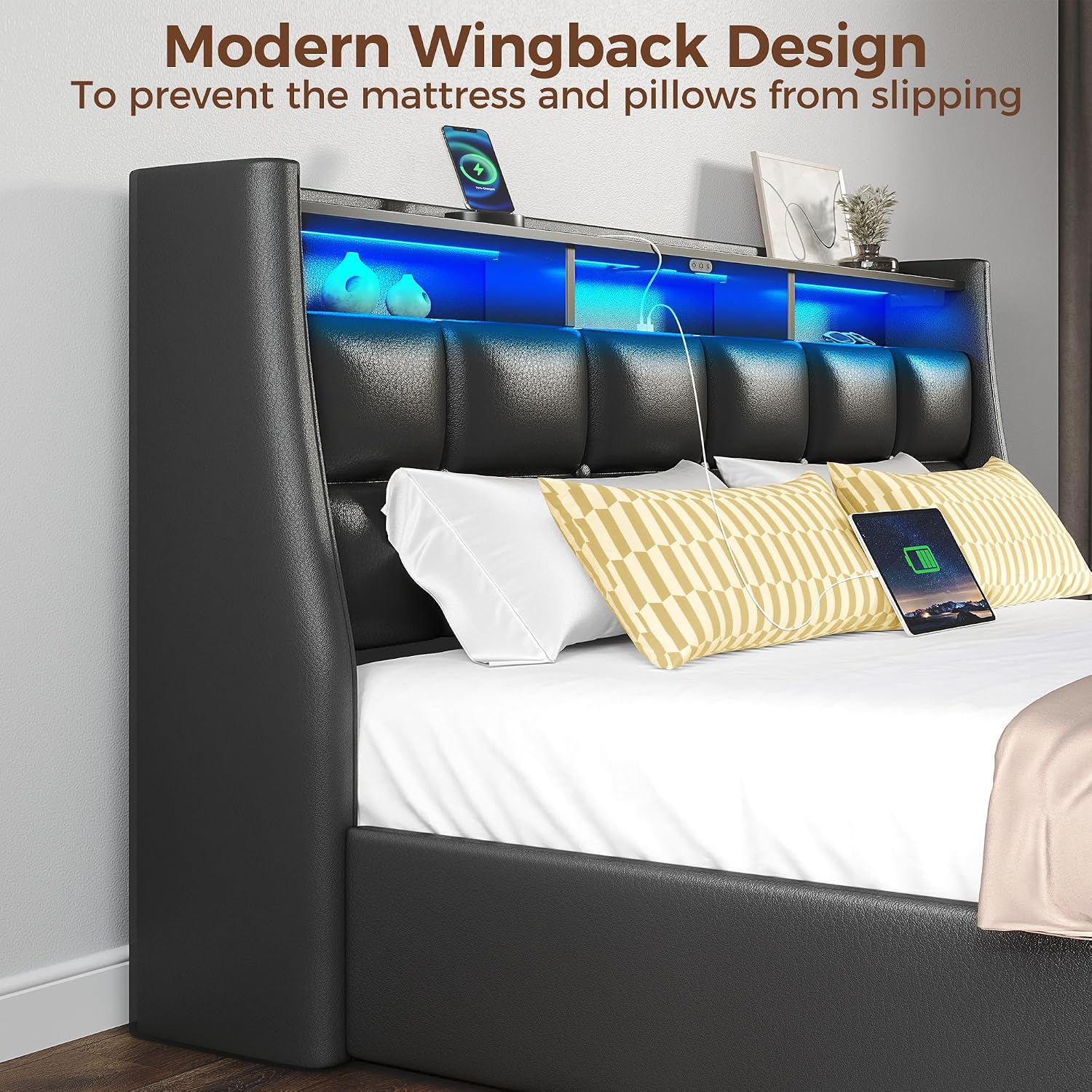 Rolanstar Queen Size Bed Frame with LED Lights and Charging Station, PU Leather Bed Storage Headboard & Drawers, Heavy Duty Wood Slats, Easy Assembly, Black