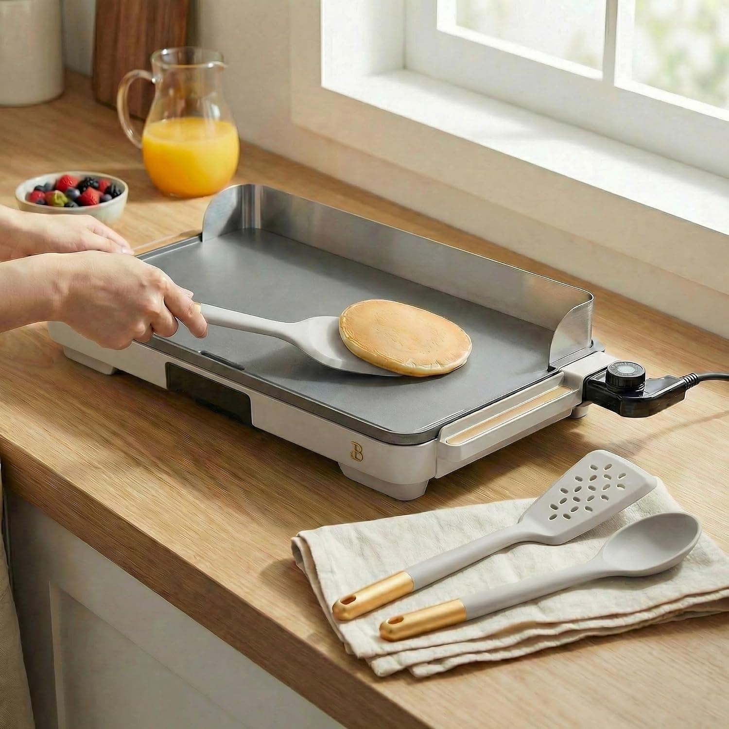 XL Electric Griddle 12' x 22' with Ceramic Nonstick Coating and Removable Heat Control with 3-Piece Silicone Spoon, Porcini Taupe Flat Top Electric Grill with Drip Tray and Backsplash