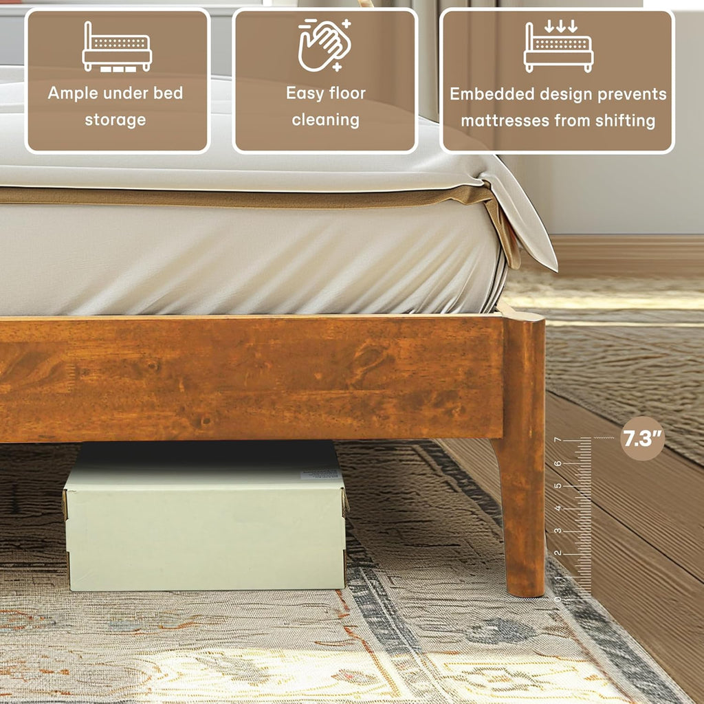 Acacia Haven King Wooden Bed Frame, 100% Solid Wood Platform Bed with Headboard, All Mattress Support & No Box Spring Needed, Effortless Assembly, 800 lbs Capacity, Caramel.