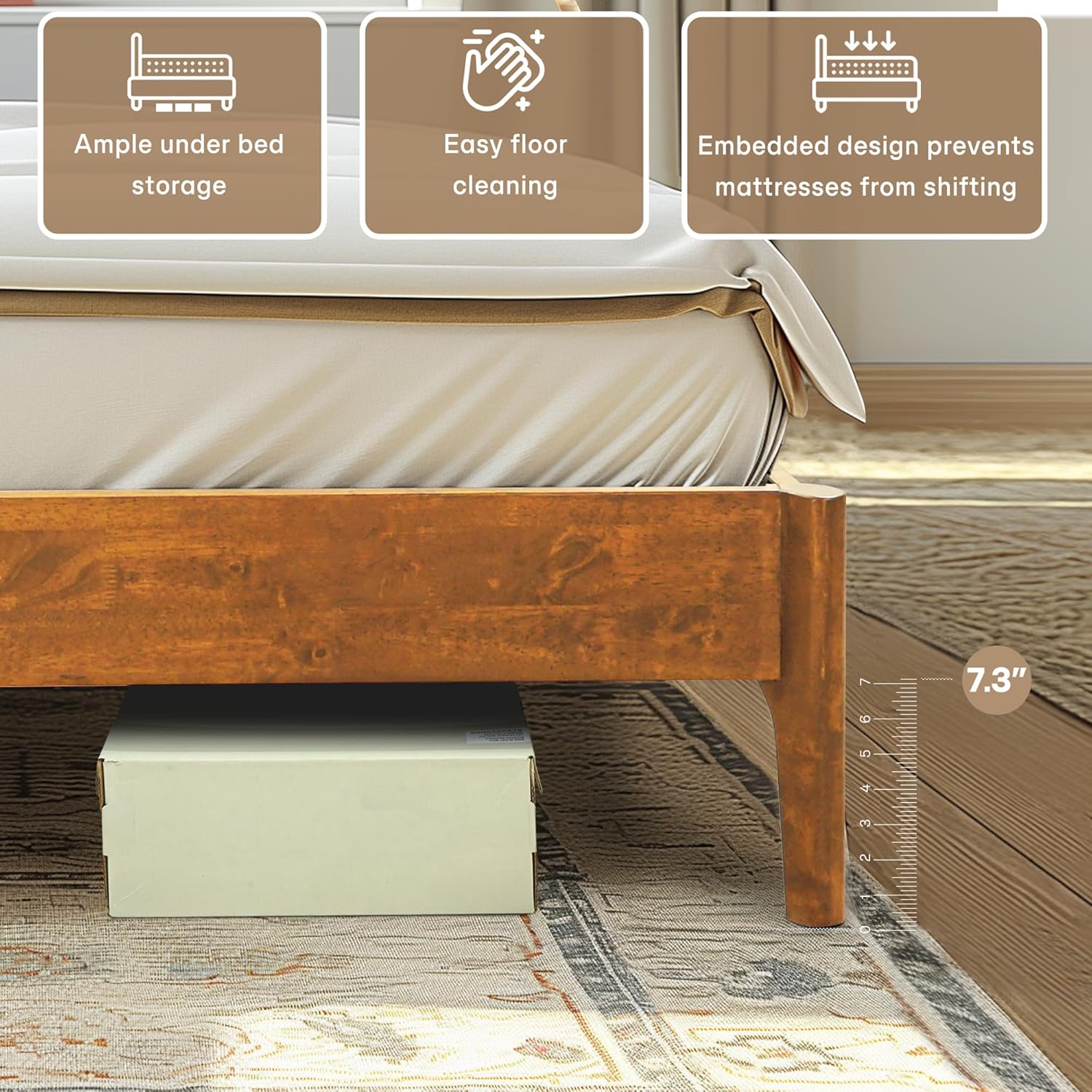 Acacia Haven King Wooden Bed Frame, 100% Solid Wood Platform Bed with Headboard, All Mattress Support & No Box Spring Needed, Effortless Assembly, 800 lbs Capacity, Caramel.