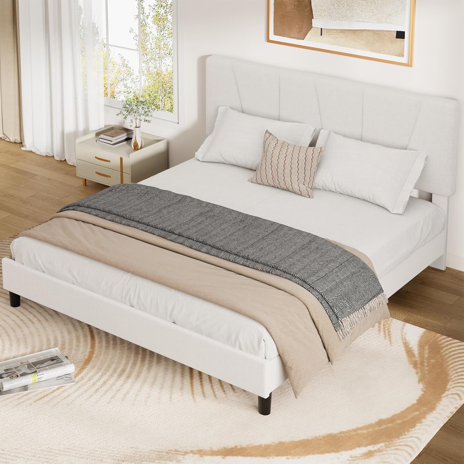 GarveeHome Full Size Bed Frame with Upholstered Headboard, Modern Fabric Platform Bed Frame with Wooden Slat Support, Adjustable Headboard, No Box Spring Needed, Noise-Free, for Bedroom