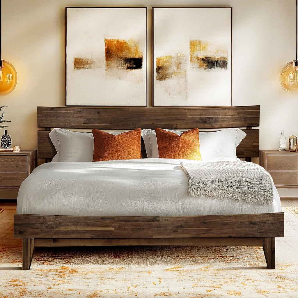 Acacia Aurora Wooden Bed with Headboard, Queen Size Bed Frame, 800lbs Capacity Wood Bed Compatible with All Mattress Types, Non-Slip & Noise-Free, Wood Slats Support, Easy Assembly, Chocolate.