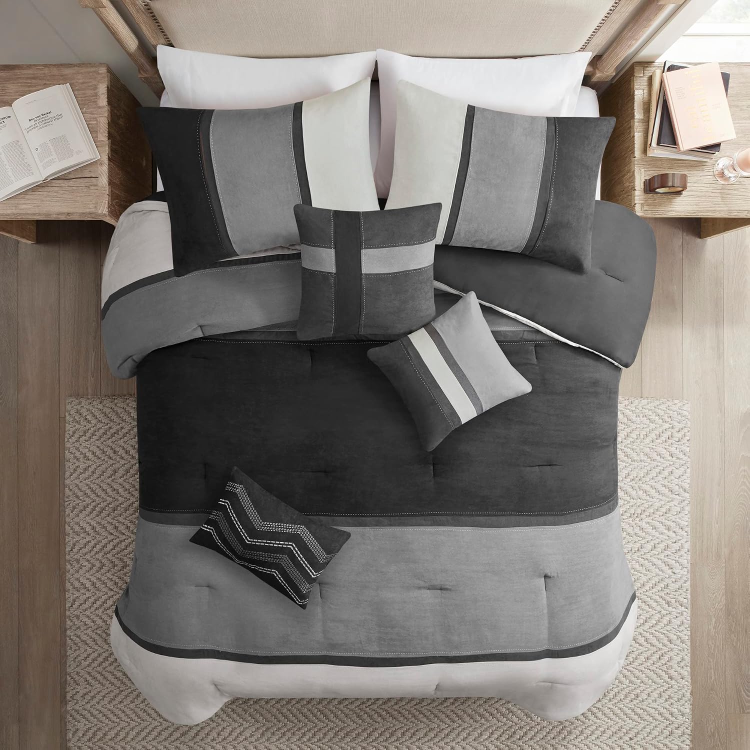 Madison Park Palisades Comforter Set Modern Faux Suede Pieced Stripe Design, All Season Down Alternative Cozy Bedding with Matching Shams, Decorative Pillows, King(104'x92'), Black 7 Piece