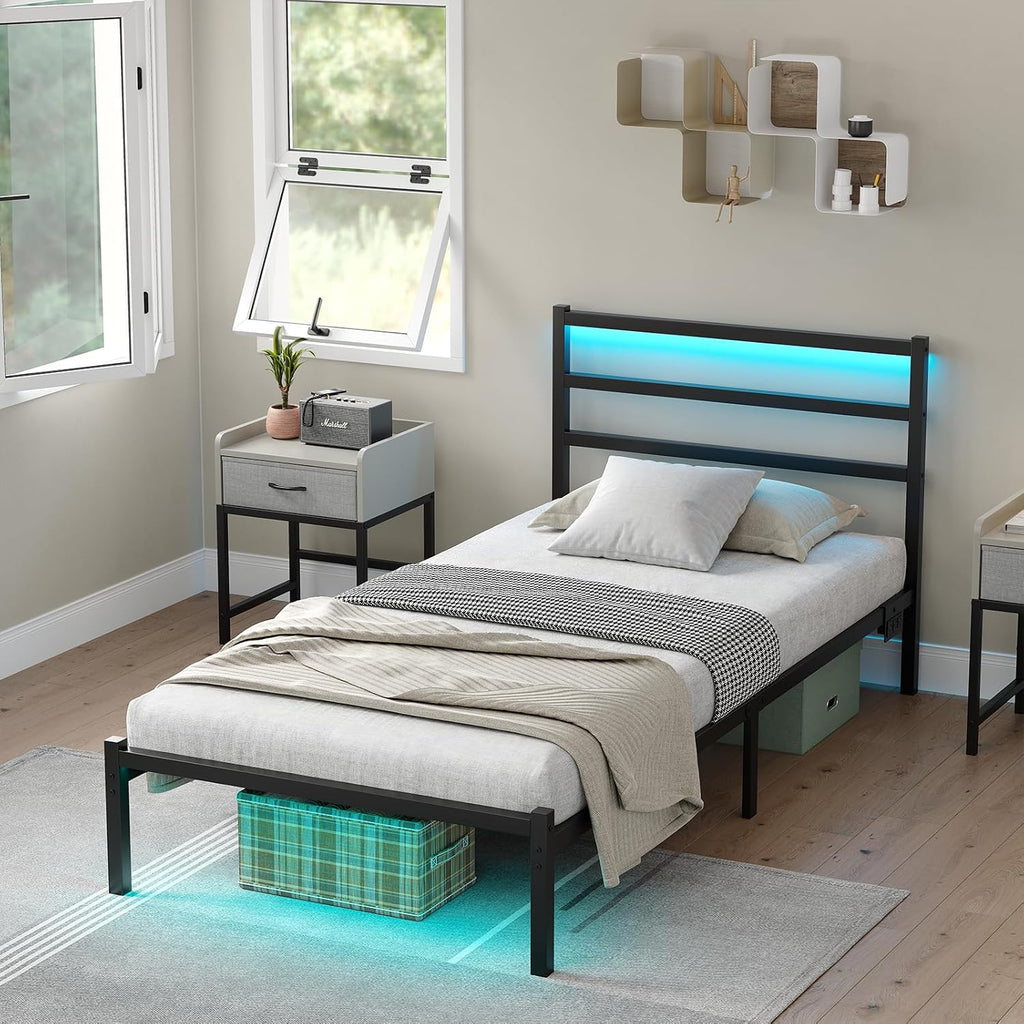 CollaredEagle Twin Size Bed Frame with Headboard, Metal Platform Bed Frame with LED, Charging Station, No Box Spring Needed, Easy Assembly, Noise Free, Black