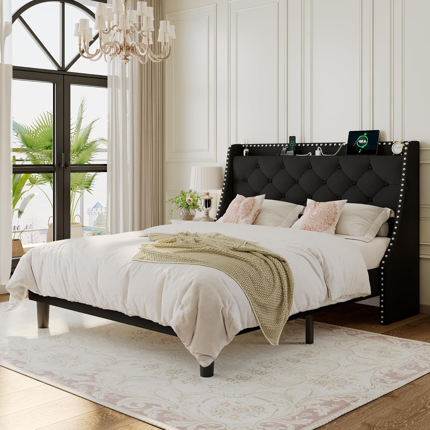 Einhomn Full Size Bed Frame with Wingback Button Tufted Storage Headboard and Type AC Ports, Upholstered Platform Bed, Wooden Slats Support, No Box Spring Needed, Noise-Free, Black