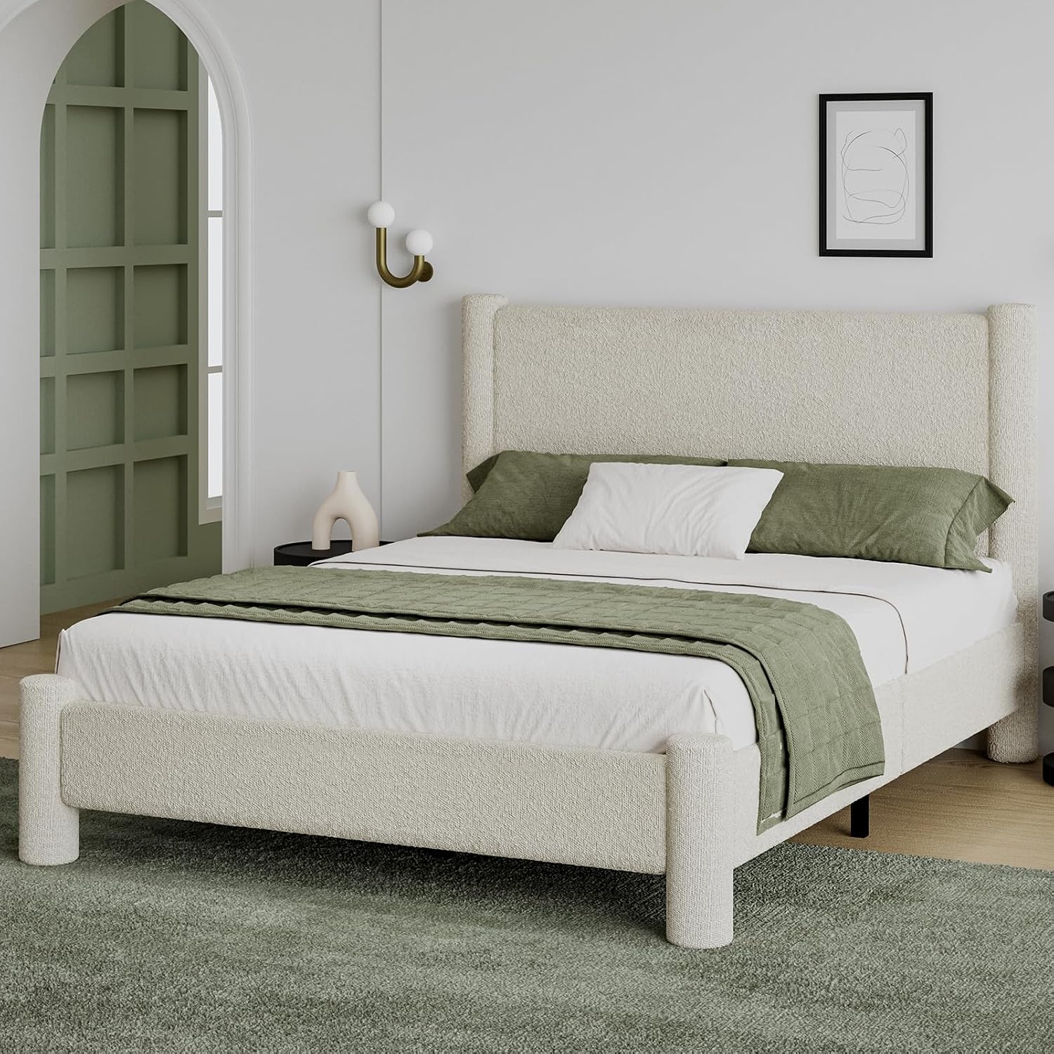 REVOMINCA Full Size Bed Frame, Boucle Upholstered Platform Bed with Headboard and Footboard, Soft Rounded Corners, No Box Spring Required, Easy Assembly, Cream