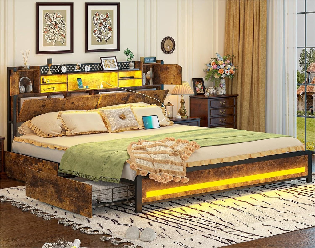 CSZZD King Size Bed Frame with Storage Drawers and Bookcase Headboard, Wooden Platform King Bed with LED Lights and Charging Station, Hidden Storage, No Box Spring Needed/Noise Free, Vintage Brown