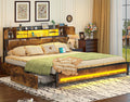 CSZZD King Size Bed Frame with Storage Drawers and Bookcase Headboard, Wooden Platform King Bed with LED Lights and Charging Station, Hidden Storage, No Box Spring Needed/Noise Free, Vintage Brown