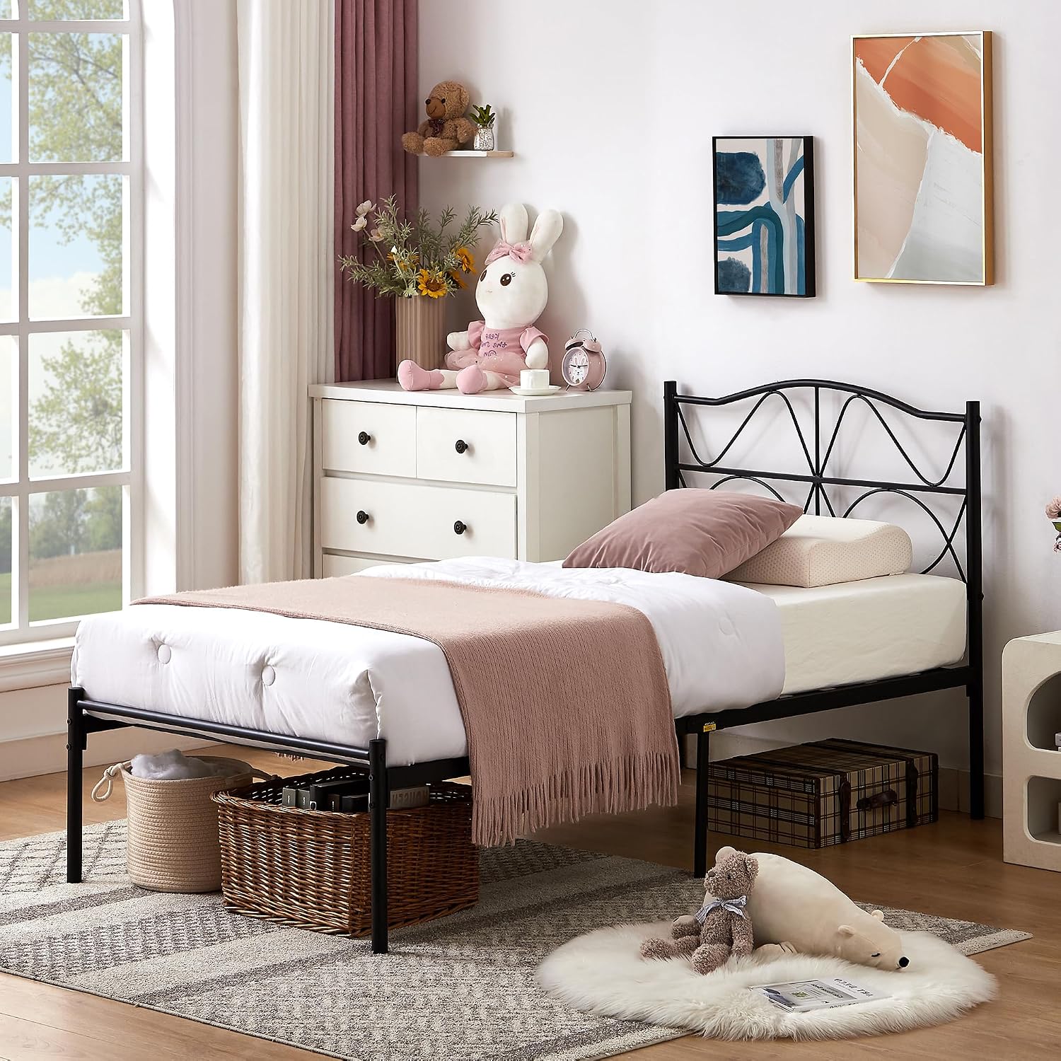 VECELO 2 Set Twin Size Bed Frame, Metal Bed Platform with Headboard, Sturdy Steel Slats Support, No Box Spring Needed/Noise-Free,Easy Assembly, Black