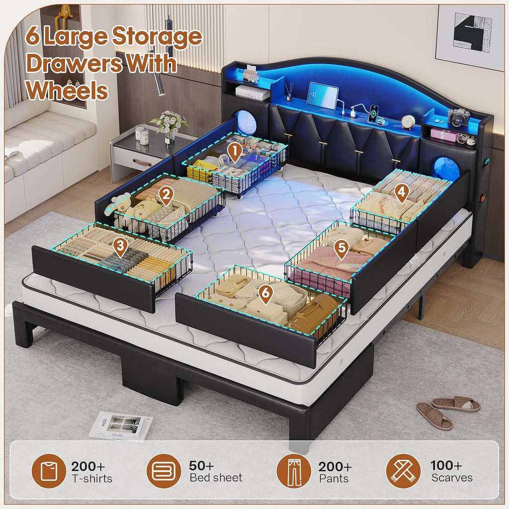 busyaeh California King Bed Frames,Cal King Bed Frame,California King Bed Frame with 6 Storage Drawers & LED Lights & Charging Station and Leather Upholstered headboard,No Box Spring Needed, PU Black