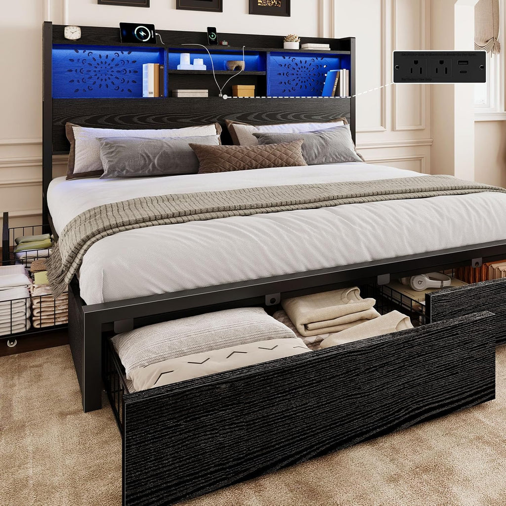 Belffin King Bed Frame with 6 Storage Drawers and Carving Headboard, Wooden Bed Frame with Charging Station and LED Lights, No Noise and Easy Assembly, No Box Spring Needed, Vintage Black
