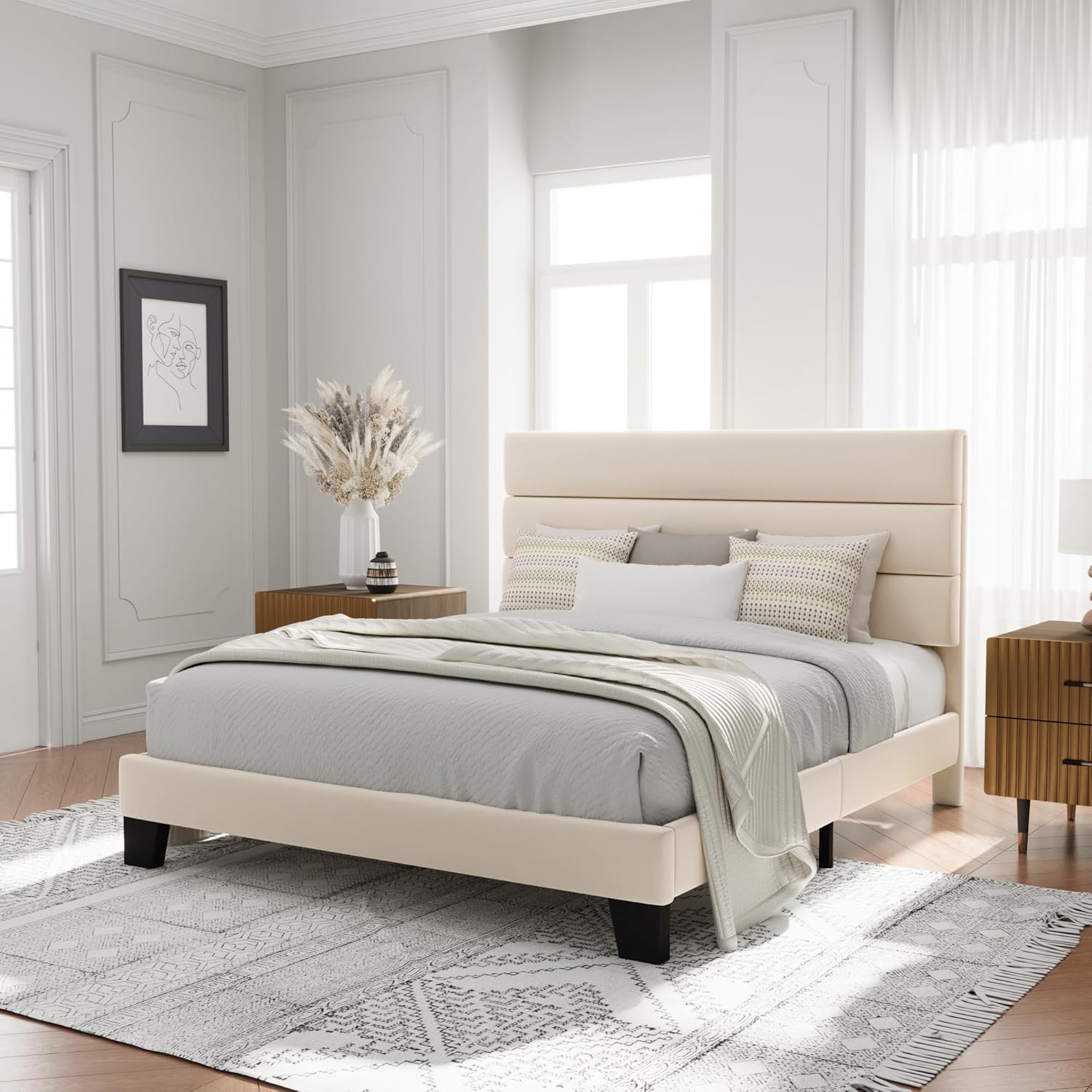 Allewie Full Size Platform Bed Frame with Velvet Upholstered Headboard and Wooden Slats Support, Fully Upholstered Mattress Foundation/No Box Spring Needed/Easy Assembly, Cream