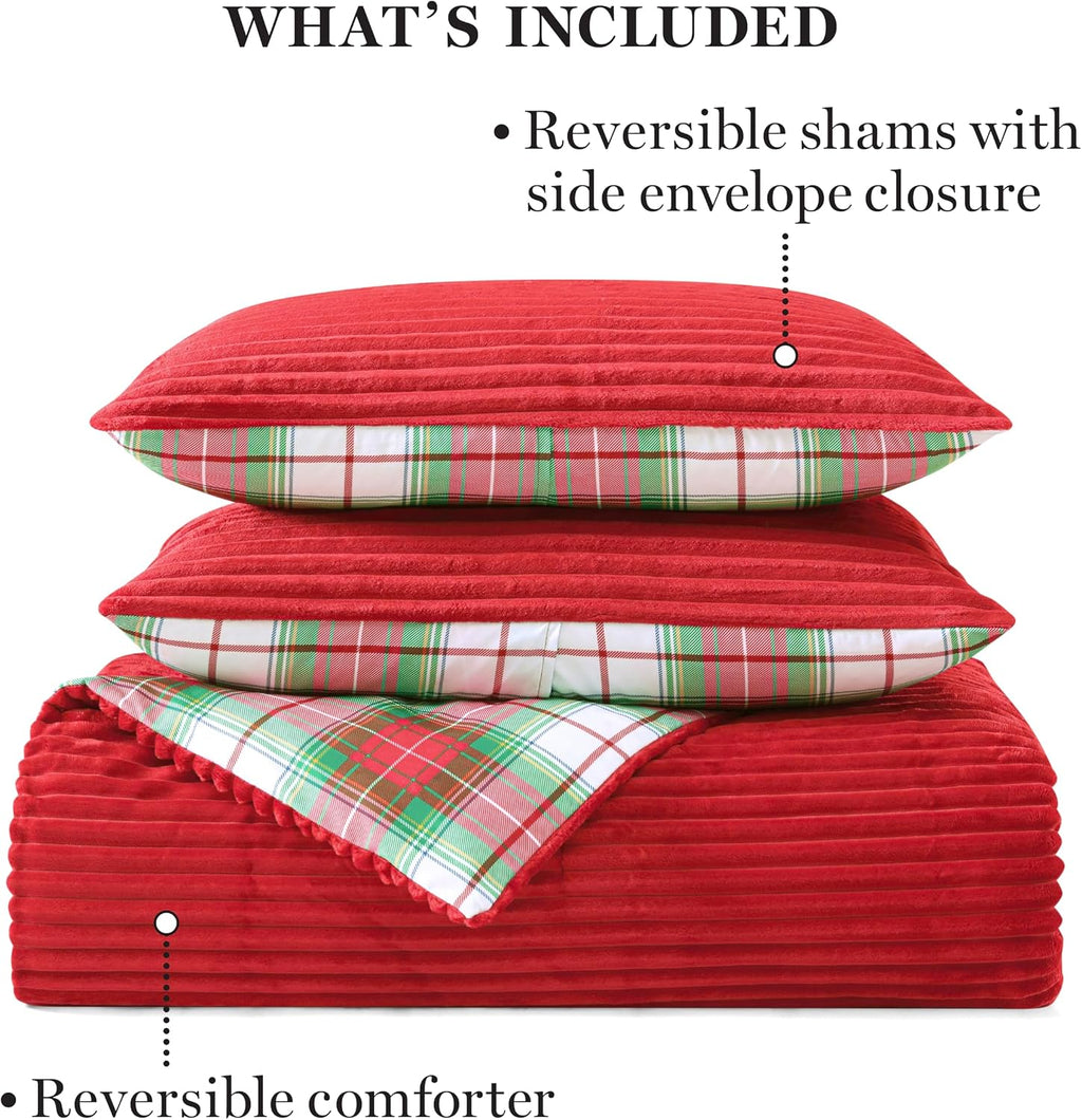 Martha Stewart - King Comforter Set in Red, Reversible, Cute, Wide Corduroy Plaid Bedding Set - 3 Pieces - All Seasons, Lightweight, Fluffy with 1 Comforter, 2 Pillow Shams,
