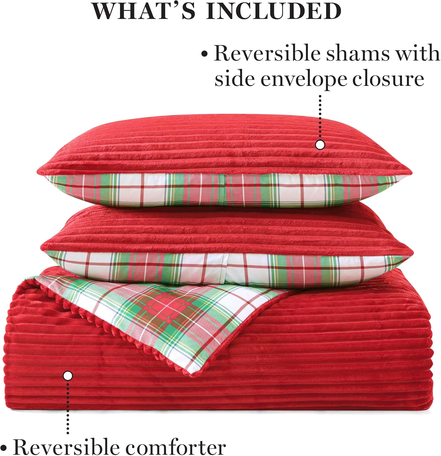 Martha Stewart - King Comforter Set in Red, Reversible, Cute, Wide Corduroy Plaid Bedding Set - 3 Pieces - All Seasons, Lightweight, Fluffy with 1 Comforter, 2 Pillow Shams,