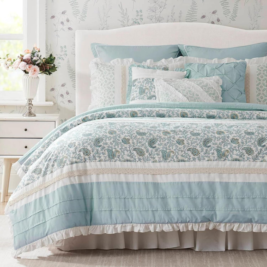 Madison Park Dawn 100% Cotton Shabby Chic Comforter Set-Modern Cottage Design All Season Down Alternative Bedding, Matching Shams, Bedskirt, Decorative Pillows, King(104'x92'), Aqua 9 Piece