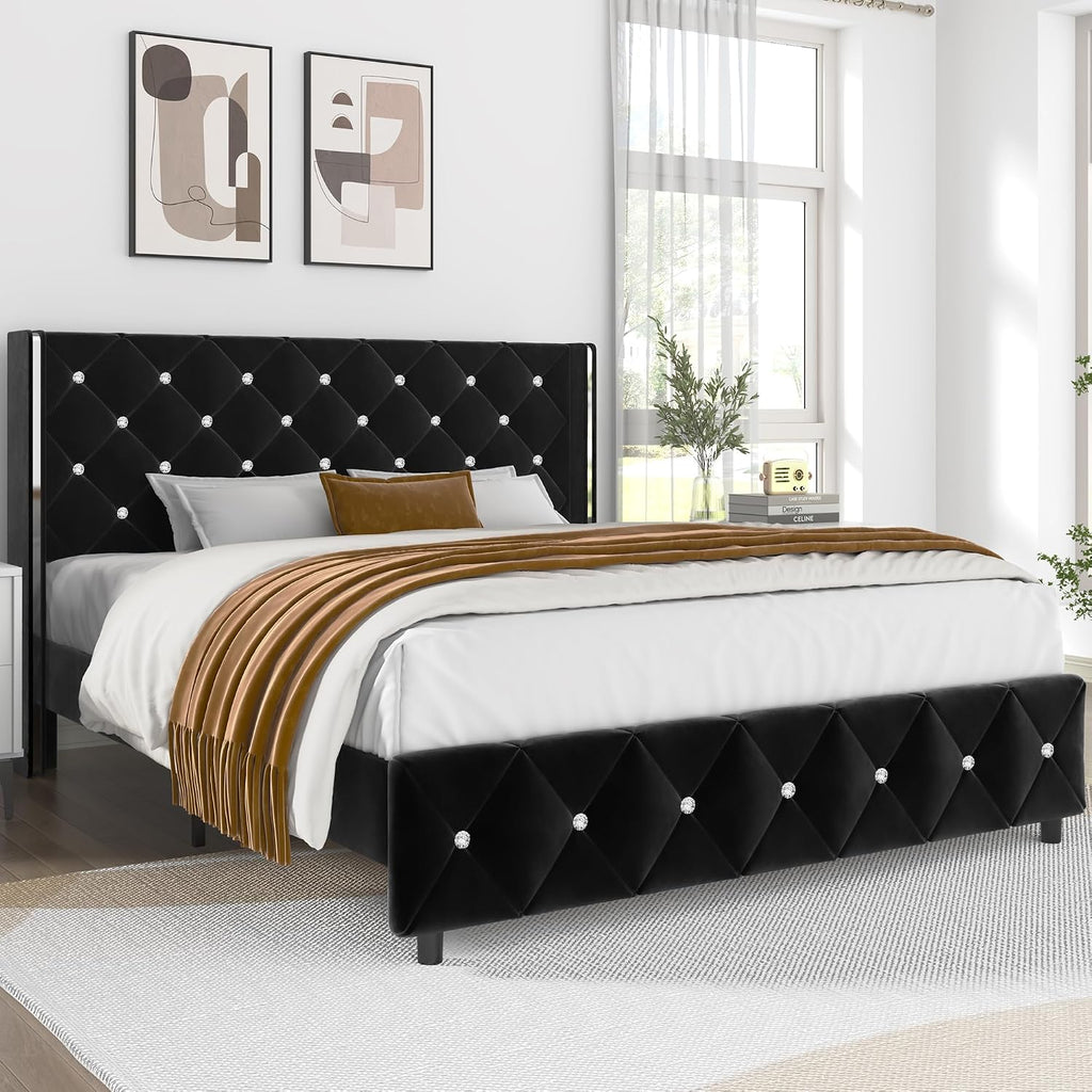 Lullabyre Full Size Bed Frame, Upholstered Bed Frame with Diamond Tufted Headboard, Modern Silverside Wingback, No Box Spring Needed, Easy Assembly, Black