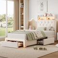 Twin LED Bed Frame with Storage Headboard & Charging Station, Velvet Fabric Platform Bed Frames with 3 Drawers, Button Tufted Upholstered, No Box Spring Needed, Noise Free, Beige