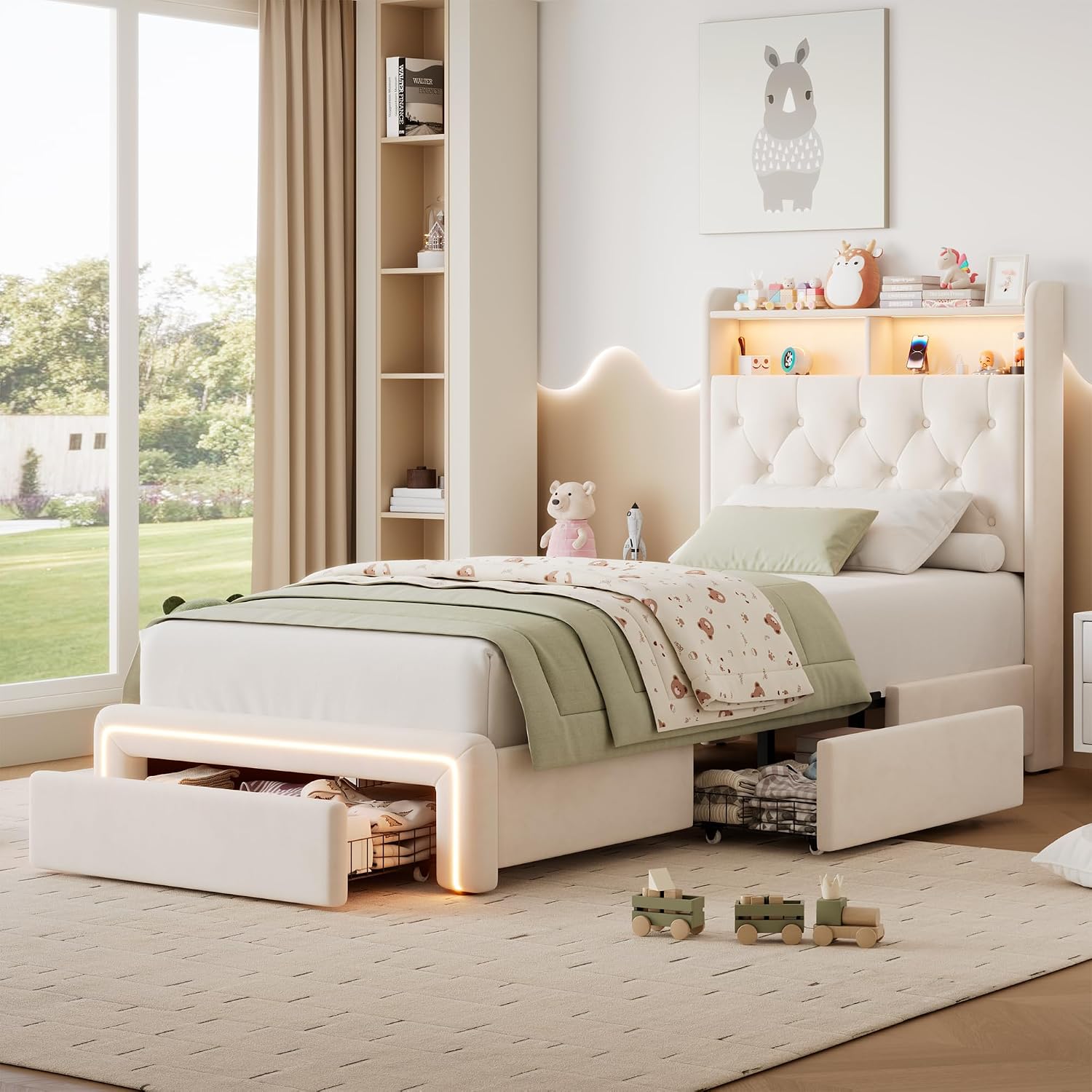 Twin LED Bed Frame with Storage Headboard & Charging Station, Velvet Fabric Platform Bed Frames with 3 Drawers, Button Tufted Upholstered, No Box Spring Needed, Noise Free, Beige