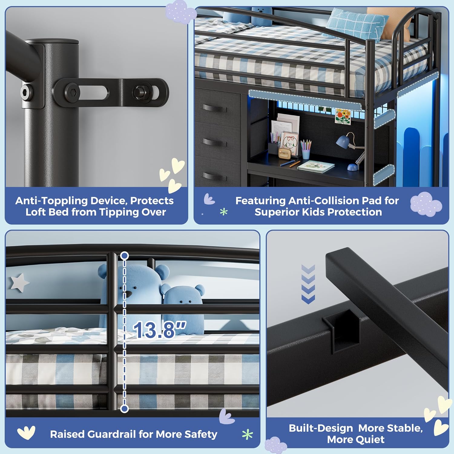 Low Loft Bed Twin Size with 7 Storage Drawers, Desk and LED Lights, Heavy Duty Metal Kids Loft Bed with 12' H Safety Guardrail, Anti-Collision Pad, Private Play Curtain, Under-Bed Play Space - Black