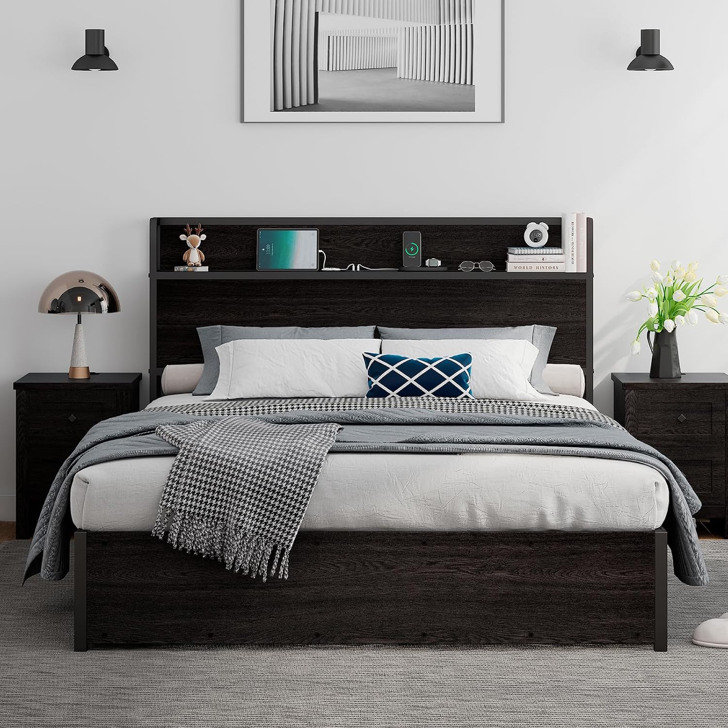 LUXOAK Queen Size Lift Up Storage Bed, Wood Platform Bed Frame with Storage Headboard & Charging Station, No Box Spring Needed, Easy Assembly, Black