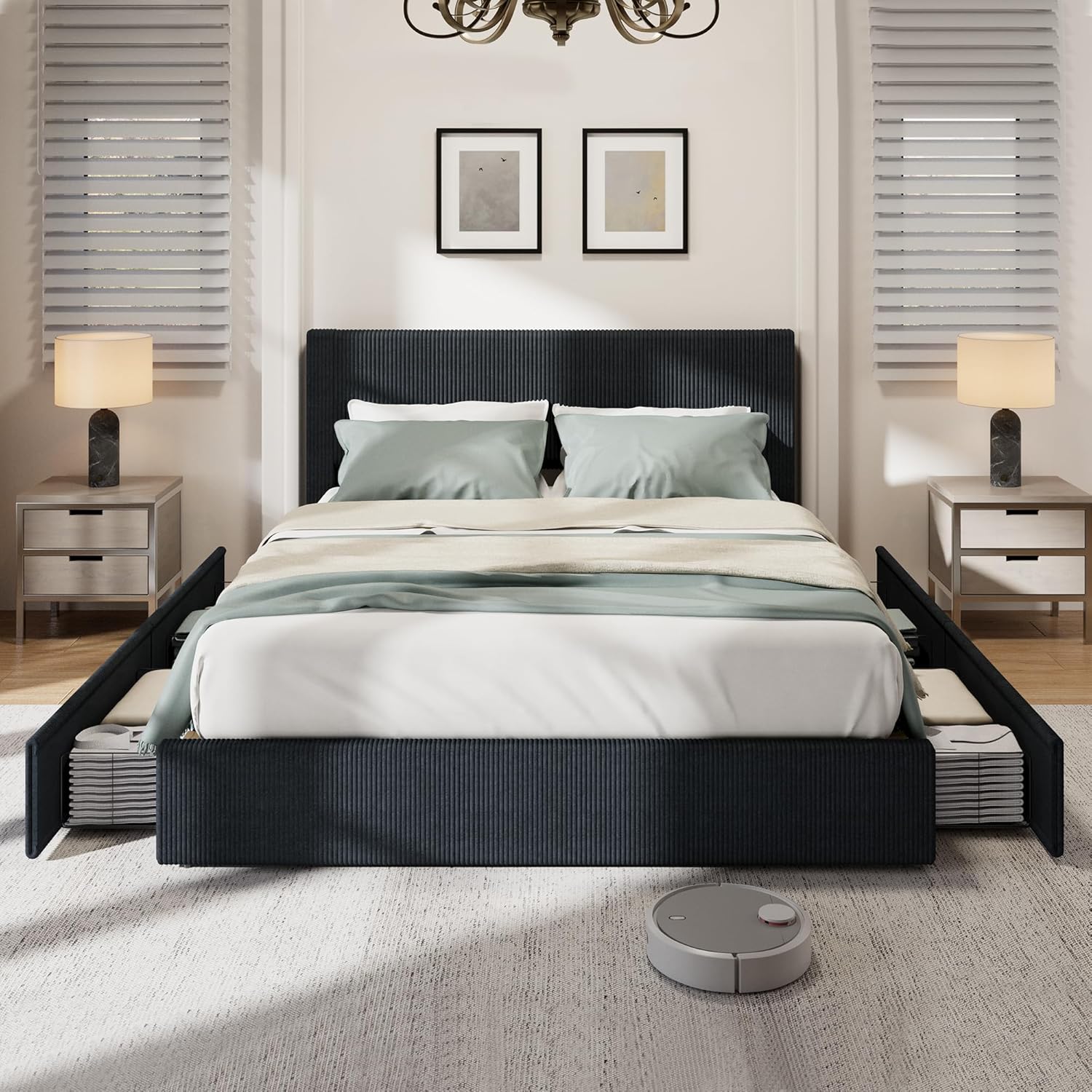 IDEALHOUSE King Size Bed Frame with Tufted Wingback Headboard, Platform Corduroy Upholstered Bed Frame with 4 Storage Drawers and Wooden Slats Support, No Box Spring Needed, Black