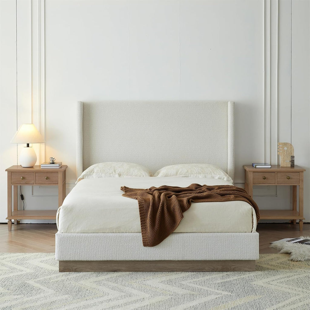 King Boucle Bed Frame with 53.1' Tall Headboard - Cream White Hosford Wingback Upholstered Platform Bed with Wood Base Bedroom Furniture Strong Mattress Wood Slats Support No Box Spring Needed