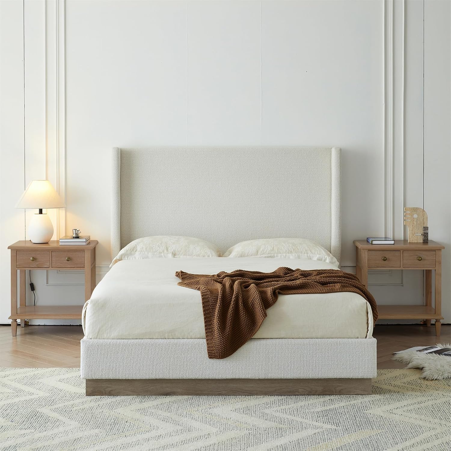 King Boucle Bed Frame with 53.1' Tall Headboard - Cream White Hosford Wingback Upholstered Platform Bed with Wood Base Bedroom Furniture Strong Mattress Wood Slats Support No Box Spring Needed