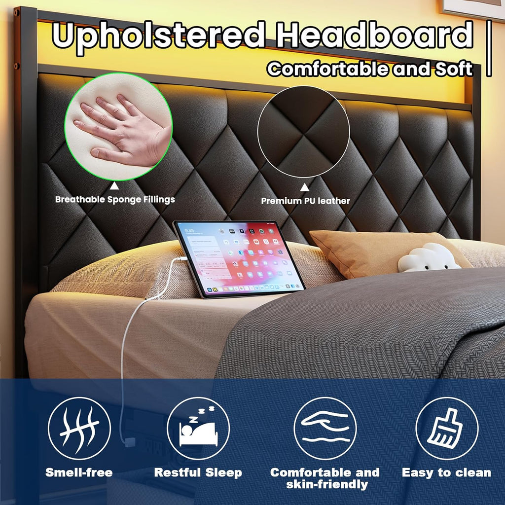 Queen Size Bed Frame with Headboard, Modern Metal Bed Frame with LED Lights & Charging Station, PU Leather Upholstered Headboard, All Metal Slats Support, No Boxing Spring Needed, Noise Free, Black