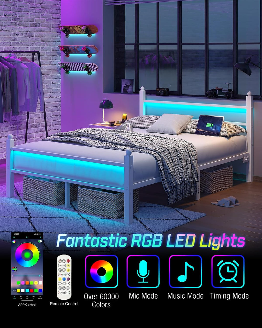 CollaredEagle Full Bed Frame with Headboard and Footboard, Metal Bed Frame with Charging Station and LED Lights, Under Bed Storage, No Box Spring Needed,Noise Free, White