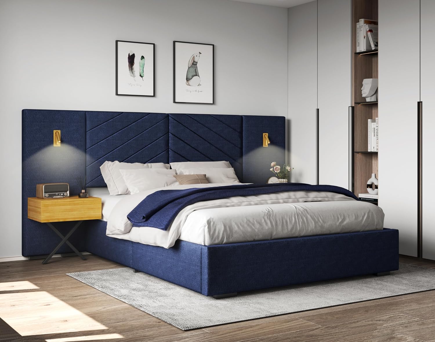 DEINPPA Luxury Bed Frame with Built-in Gold LED Lights and Nightstands, Queen Size Platform Bed with Oversize Upholstered Headboard, No Box Spring Needed-Royal Blue