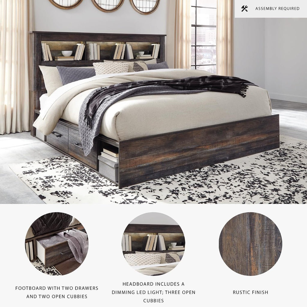 Signature Design by Ashley Drystan Rustic King Bookcase Bed with 2 Storage Drawers, Open Cubbies and LED Light, Foundation or Box Spring Not Needed, Dark Brown & Gray