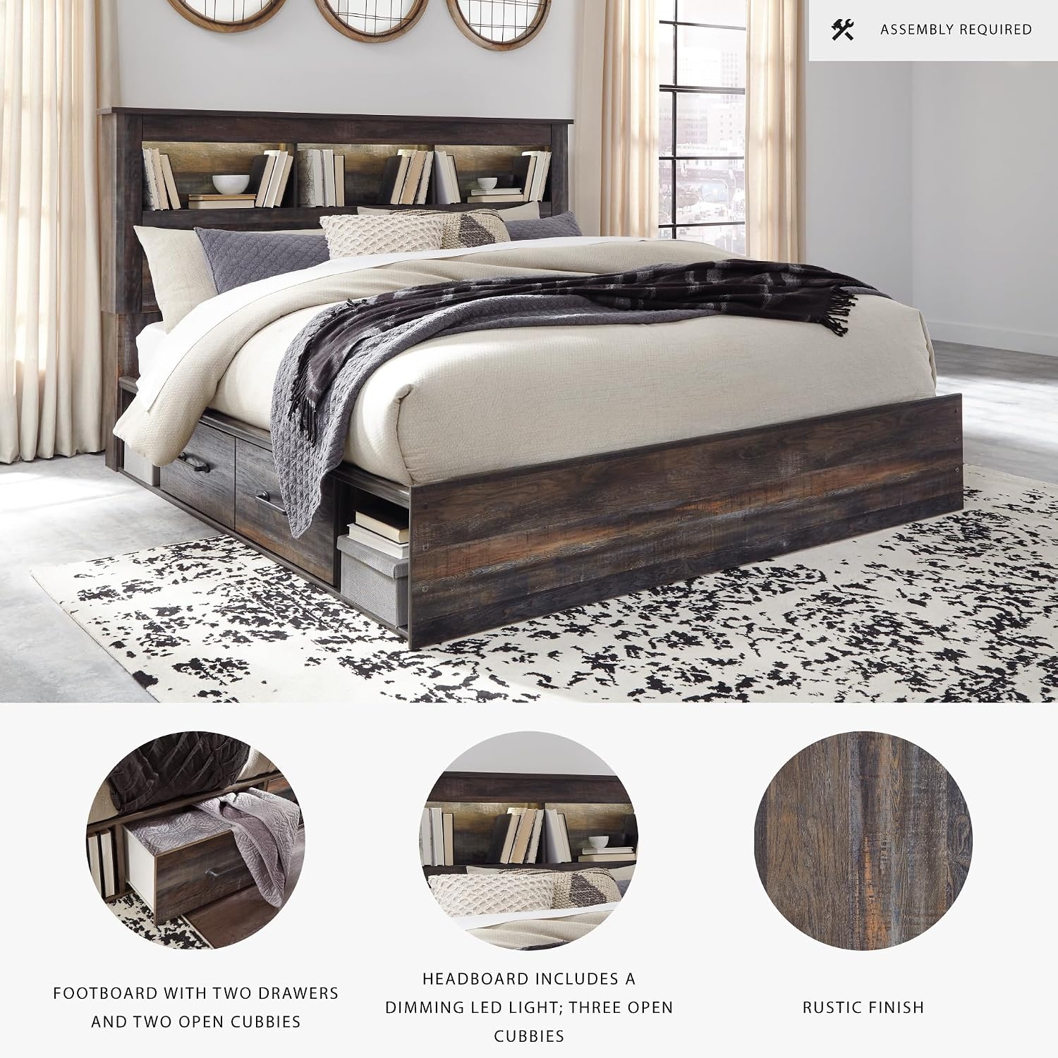 Signature Design by Ashley Drystan Rustic King Bookcase Bed with 2 Storage Drawers, Open Cubbies and LED Light, Foundation or Box Spring Not Needed, Dark Brown & Gray