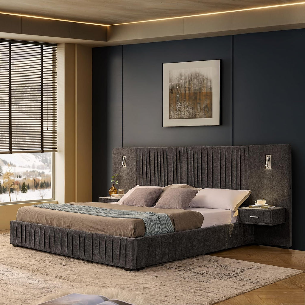 Upholstered King Size Bed Frame with Built-in Nightstands & Adjustable Lamps, No Box Spring Needed Platform Bed with Chenille Pleated Headboard, Sturdy Grounded Bedroom Set for Space-Saving