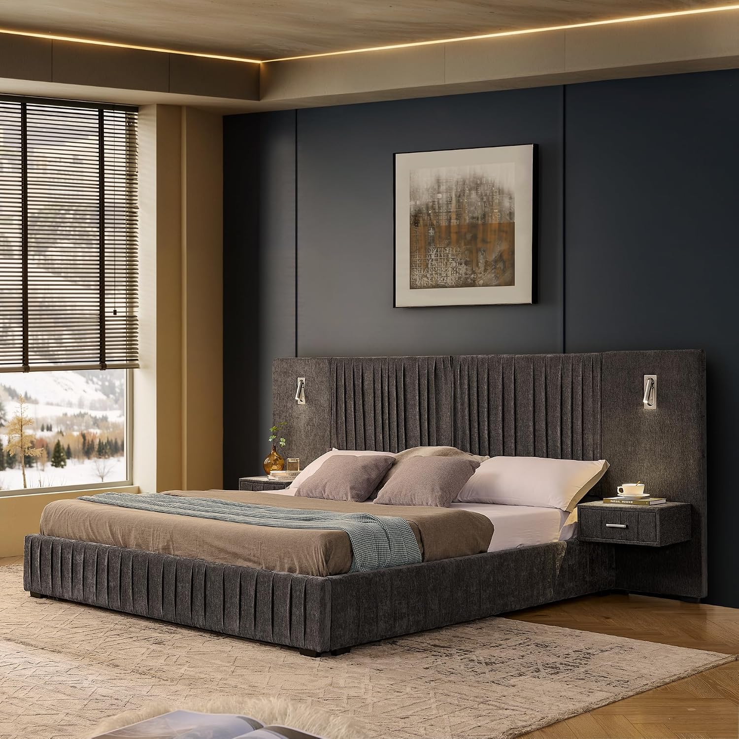 Upholstered King Size Bed Frame with Built-in Nightstands & Adjustable Lamps, No Box Spring Needed Platform Bed with Chenille Pleated Headboard, Sturdy Grounded Bedroom Set for Space-Saving