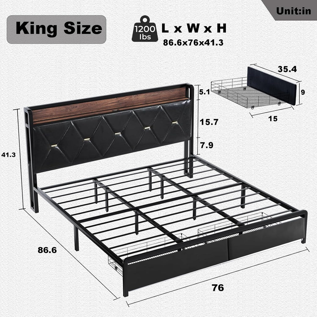 Ailisite King Size Bed Frame with 2 Storage Drawers, Faux Leather Upholstered King Bed Frame with Headboard and Storage and Charging Station, Led Bed, Heavy-Duty Metal Slats Support, Noise-Free,Black