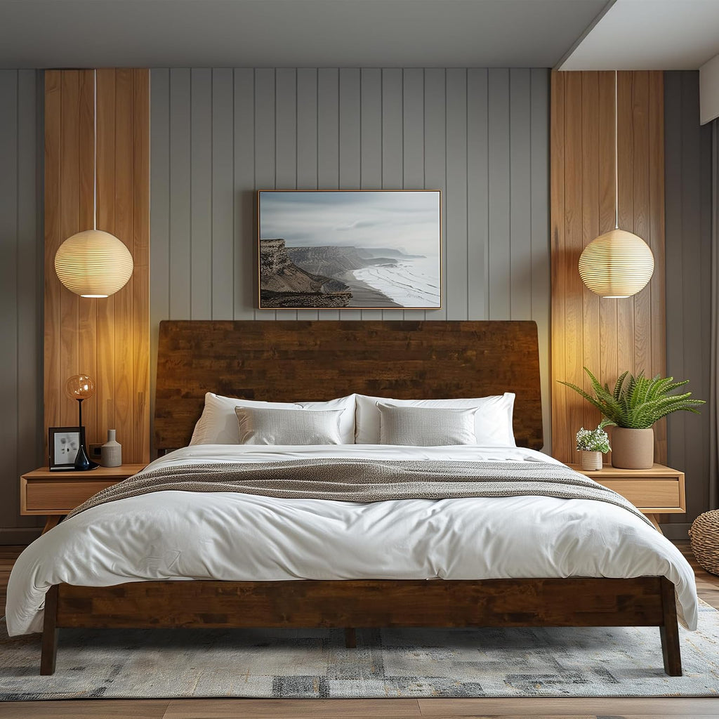 Acacia Serenity King Size Bed Frame, King Bed Frame with Headboard 800 lbs Capacity Natural Wood Bed All Mattress Support & No Box Spring Needed, Wood Slats Support Wooden BedFrame King, Walnut