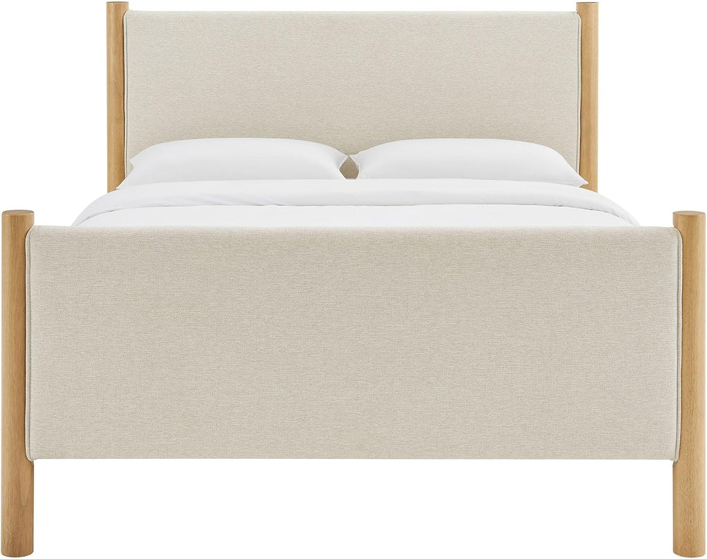 Modway Maven King Size Bed Frame in Ivory Oak with Upholstered Fabric Headboard and Footboard – Wood King Platform Bed Frame – No Box Spring Needed