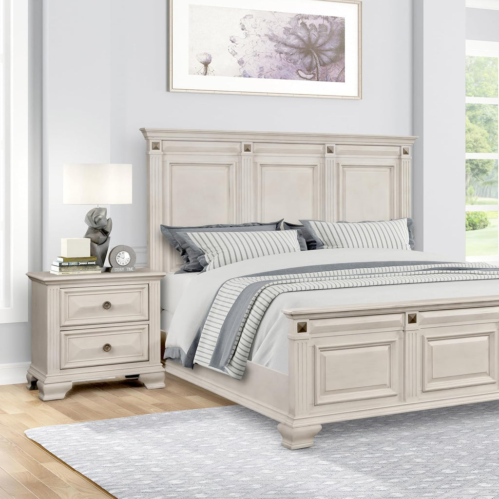 Roundhill Furniture Renova 3-Piece Distressed Parchment Bedroom Set, Bed with 2 Nightstands, King