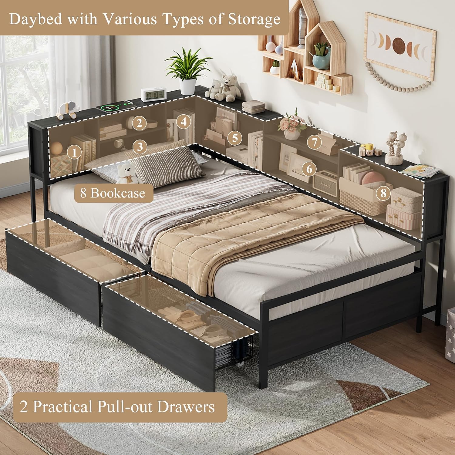 Corner Bed Frame with High Footboard Design, Twin Size Bed Frame with 2 Storage Drawers and 8 Bookcases, Twin Size Daybed with Charging Station for Kids Teens