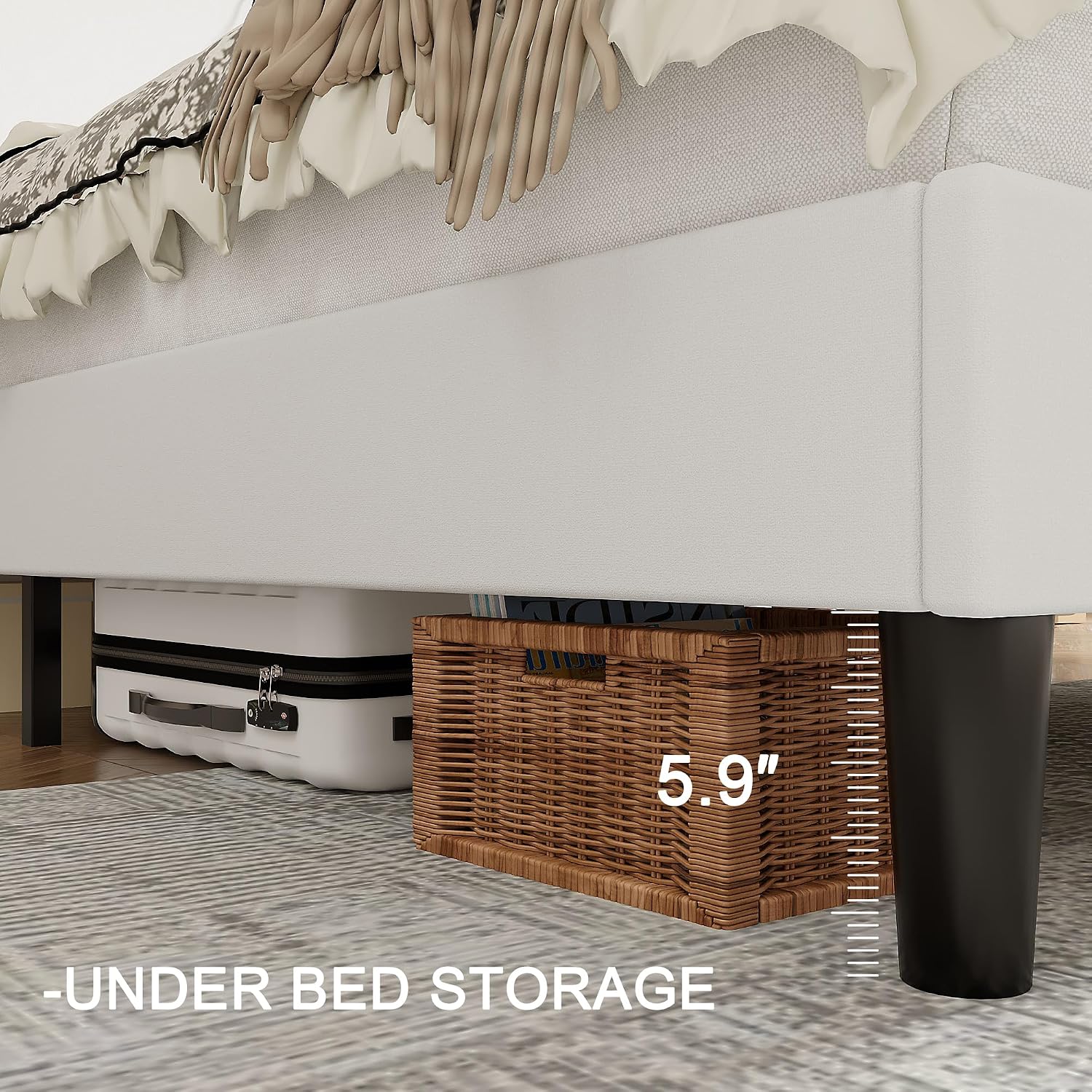 VECELO Queen Bed Frame with Upholstered Wingback Headboard, Heavy-Duty Platform Bedframe with Charging Station, Wooden Slats, No Box Spring Needed, White