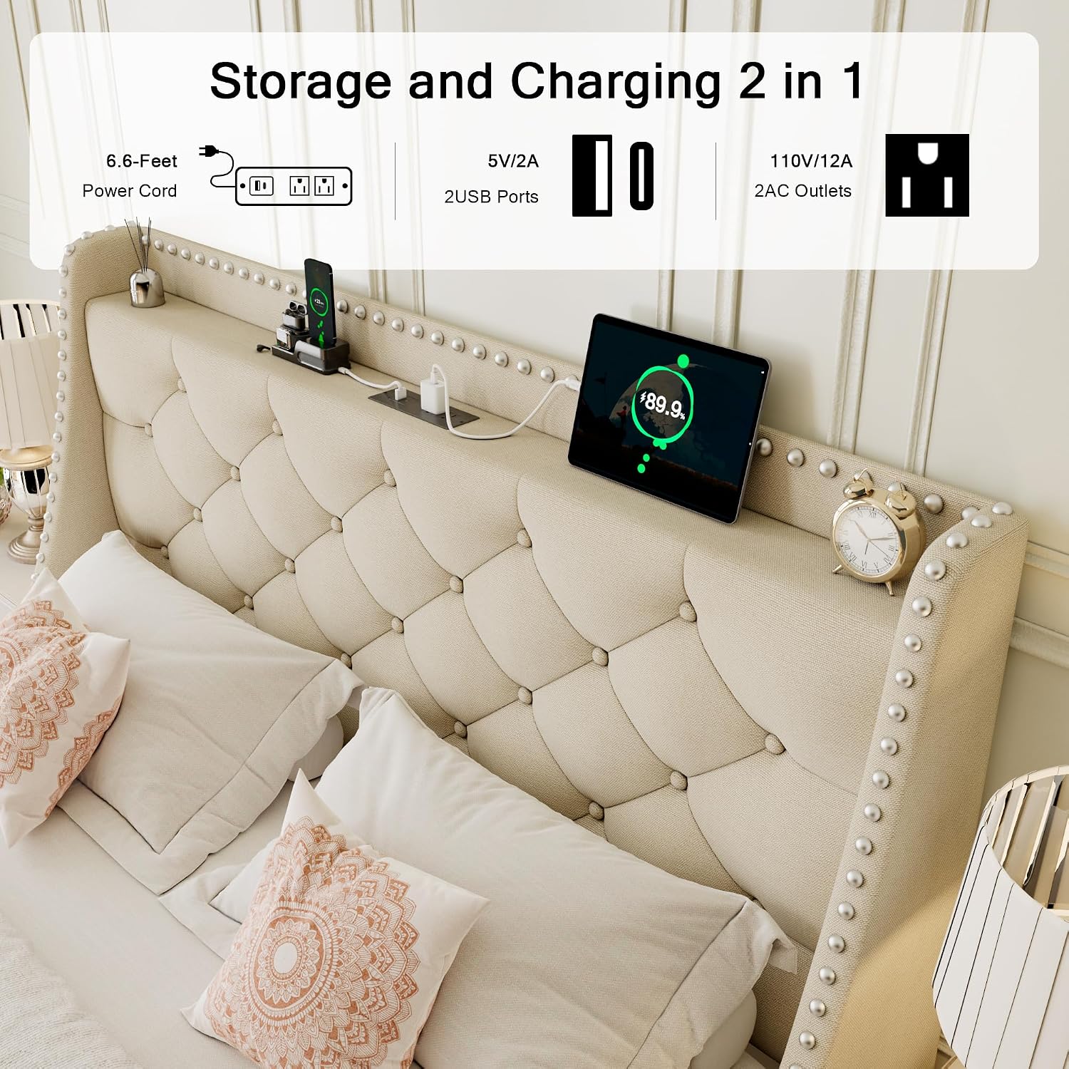 Einhomn Queen Size Bed Frame with Wingback Button Tufted Storage Headboard and Type AC Ports, Upholstered Platform Bed, Wooden Slats Support, No Box Spring Needed, Noise-Free, Beige