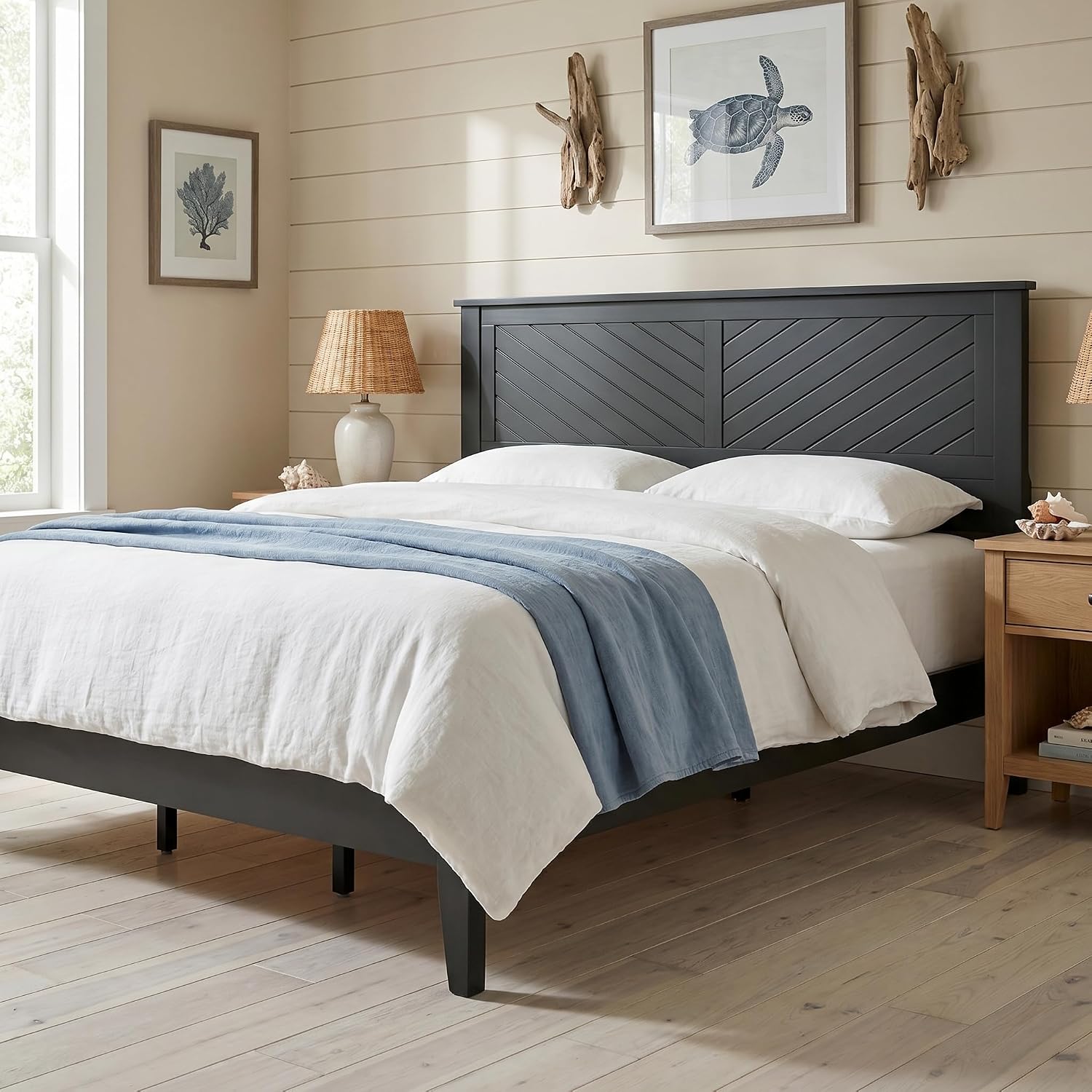 ComfIQ Solid Wood Platform Bed with Wooden Slats – Durable Frame, No Box Spring Required, Ample Underbed Storage, Black, King, Bed and Chevron Headboard