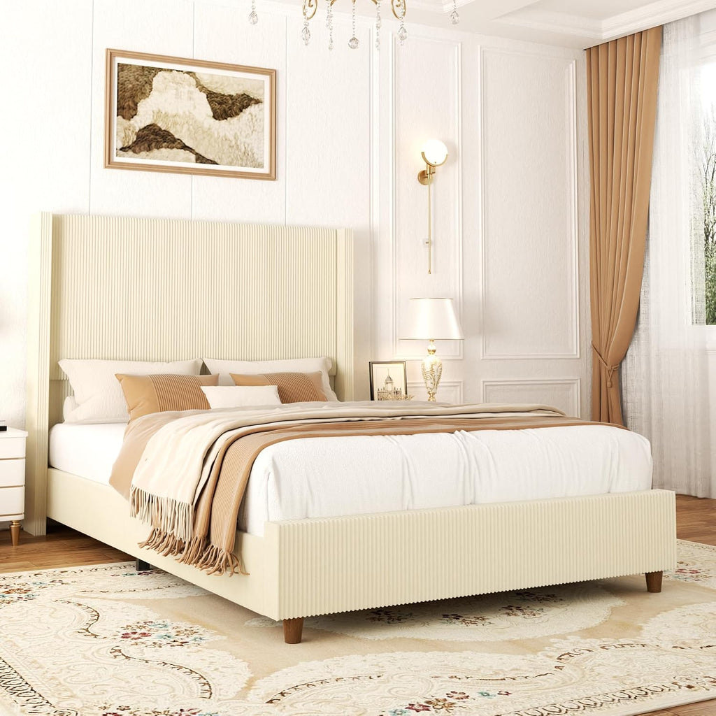 Sismplly 58'' Tall Queen Size Bed Frame with Corduroy Upholstered Platform Bed, Extra Wingback Headboard and Vertical Stripe, Box Spring Option, Solid Wood Slats, Noise Free, Beige