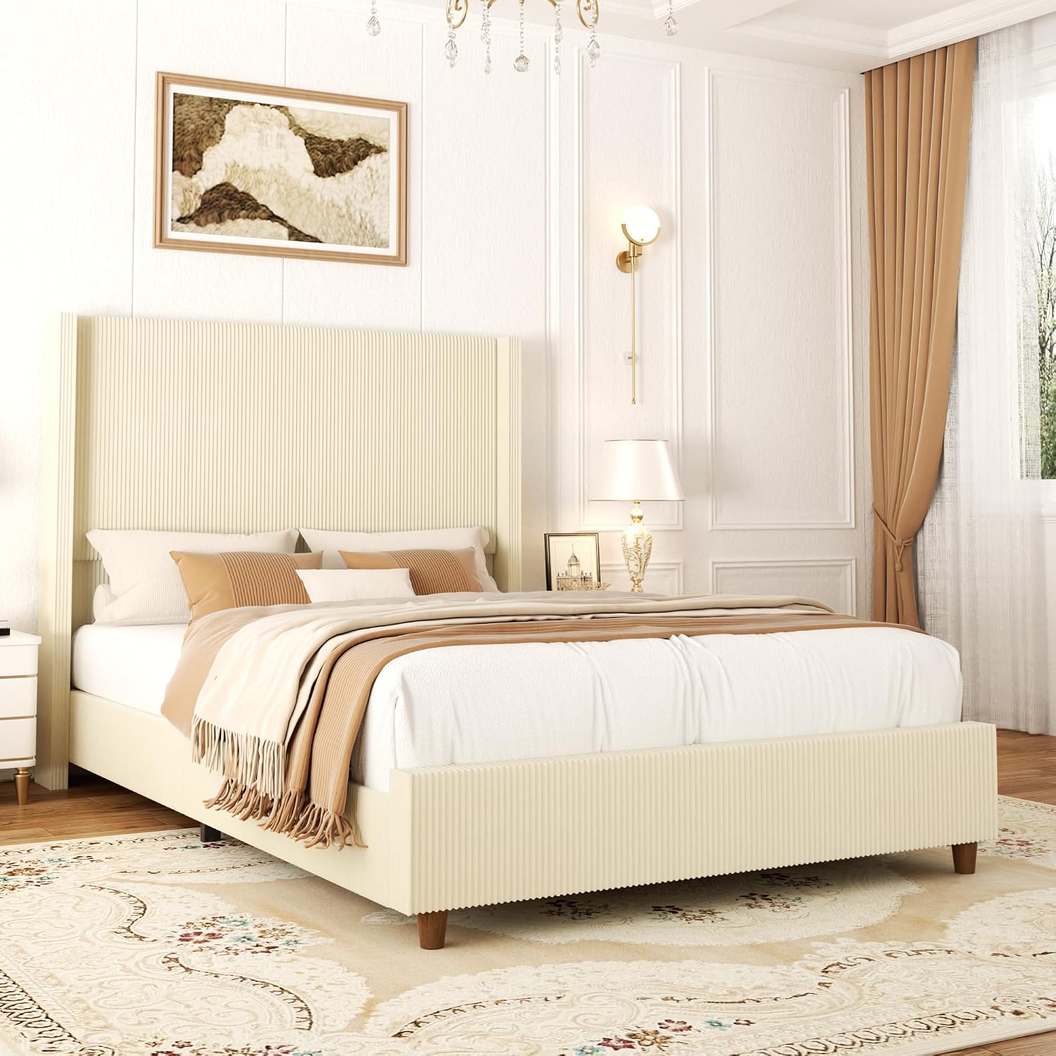 Sismplly 58'' Tall Queen Size Bed Frame with Corduroy Upholstered Platform Bed, Extra Wingback Headboard and Vertical Stripe, Box Spring Option, Solid Wood Slats, Noise Free, Beige