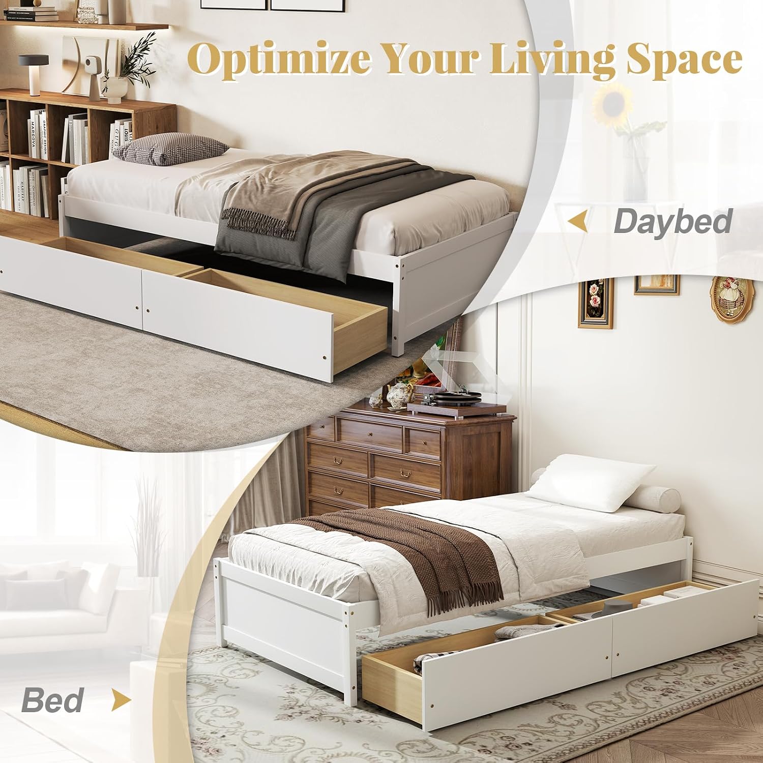 Giantex Twin Bed Frame with 2 Storage Drawers, Solid Wood Platform Bed with Slats Support, Heavy Duty Daybed with Storage, No Box Spring Needed, Twin Bed Frames for Kids Teens Adults Guests (White)