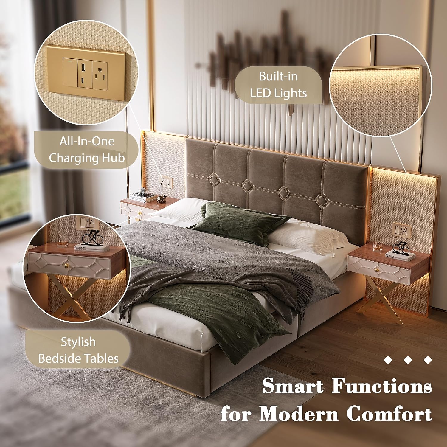 Luxurious King Platform Bed Frame with Metal Frame Headboard, Modern Velvet Upholstered Platform Bed with 2 Built-in Wall Lamps and Bedside Table for Bedroom Guestroom, Coffee