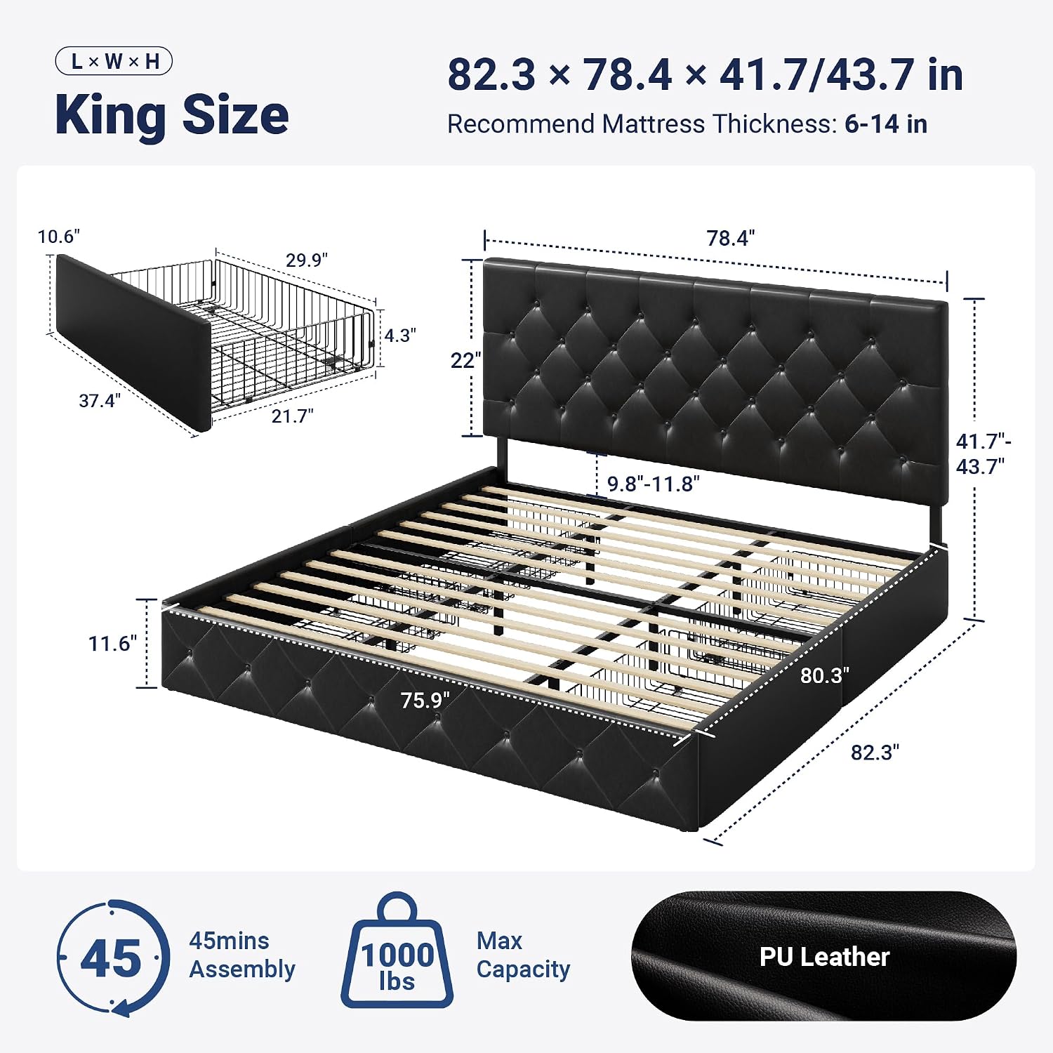 Allewie King Size Black Metal Faux Leather Platform Bed Frame with 4 Drawers