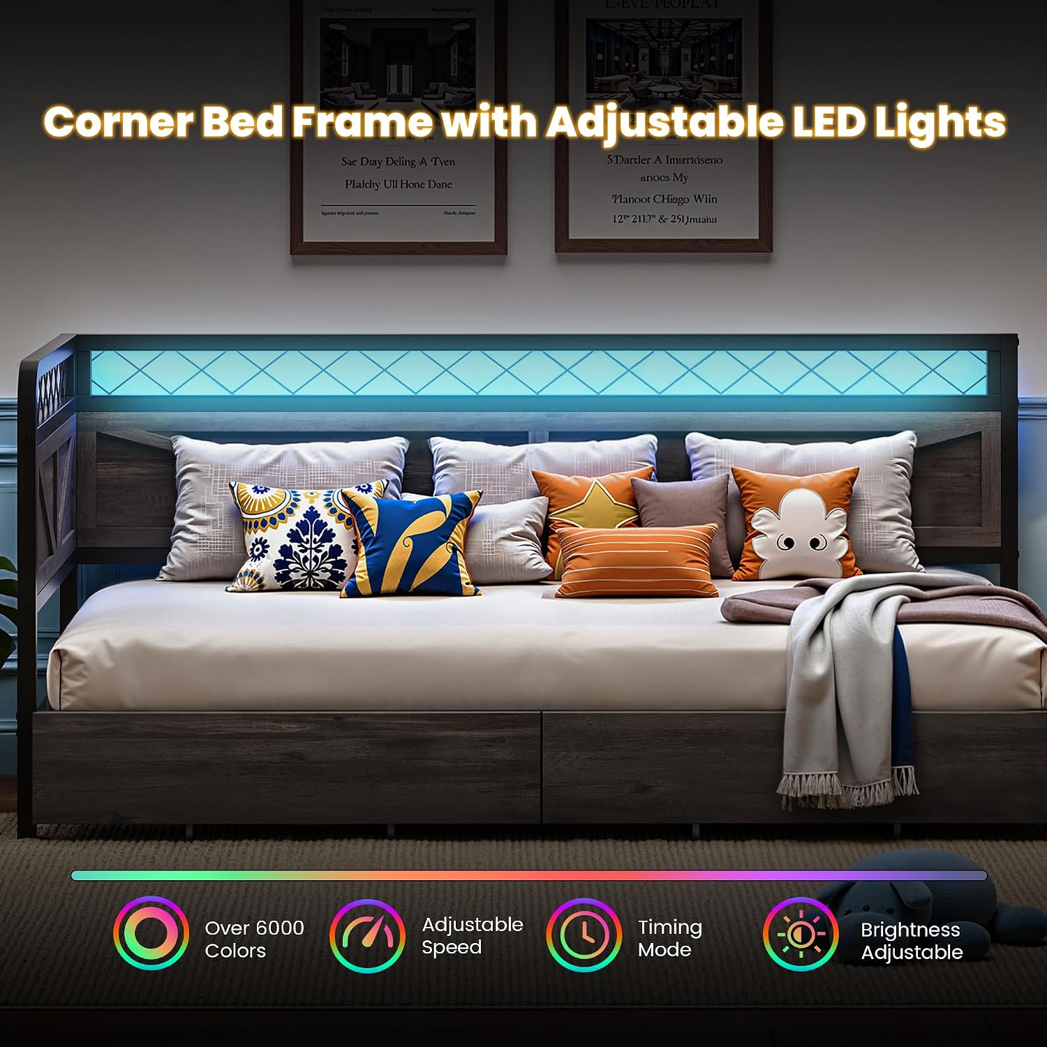ANCTOR Twin Corner Bed Frame with Storage Drawers, Daybed with LED Lights and Charging Station, No Box Spring Needed, Heavy Duty, Easy Assembly for Living Room, Bedroom and Guest Room, Grey
