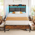 Rolanstar Bed Frame Twin Size with Charging Station and LED Lights, Upholstered Storage Headboard with Drawers, Heavy Duty Metal Slats, No Box Spring Needed, Easy Assembly, Rustic Brown